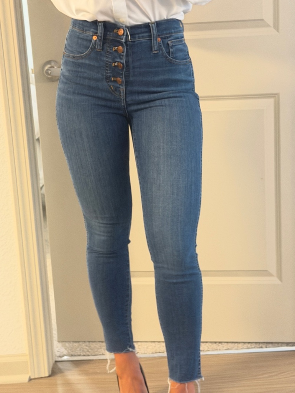 Madewell High-Rise Button-Fly Skinny Jeans in Medium Blue Denim